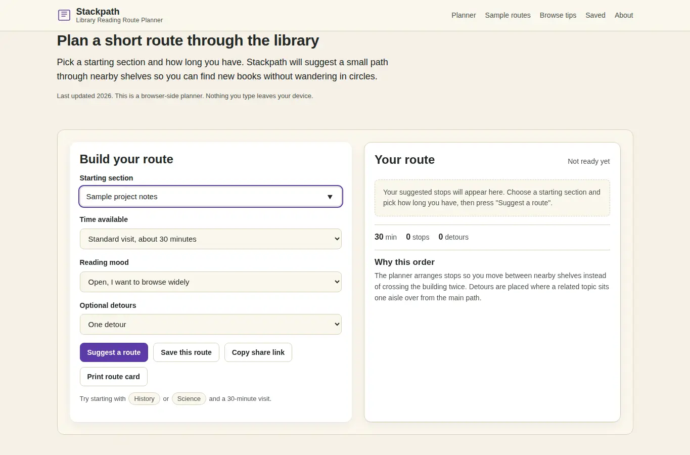 Screenshot of Library Reading Route Planner interface showing the project page in use